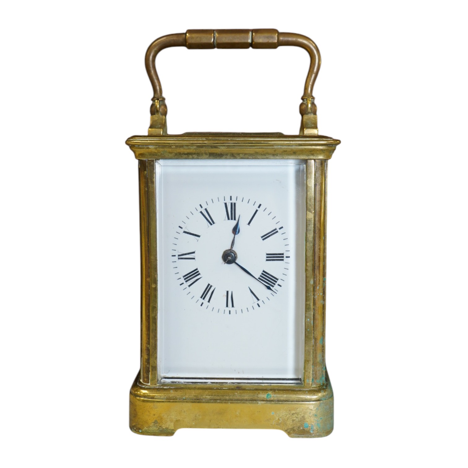 A late 19th century French brass cased eight day carriage clock, 11cm high. Condition - fair, would benefit from a clean, not tested